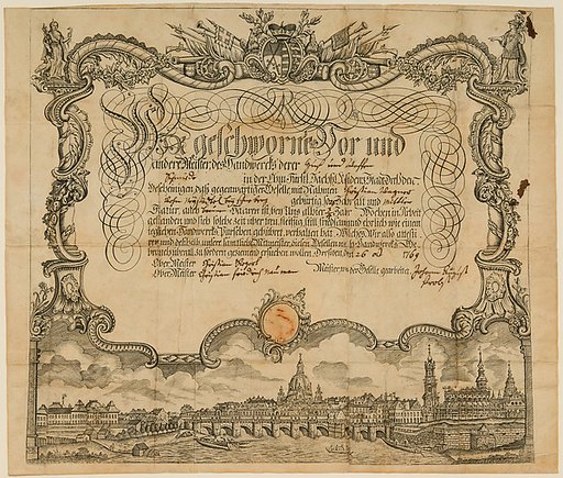 Certificate of Employment (Arbeitsbescheinigung) of the Guild of Farriers and Weaponsmiths (Huf- und Waffenschmiede) of Dresden