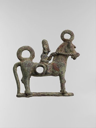 Horse bit cheekpiece in form of a horse and rider