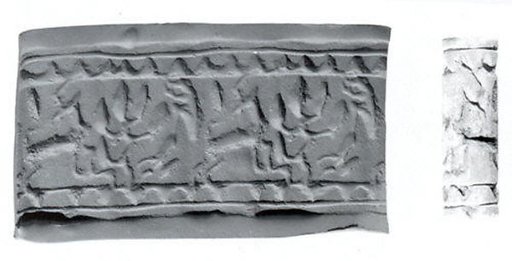 Cylinder seal and modern impression: horned animal and tree