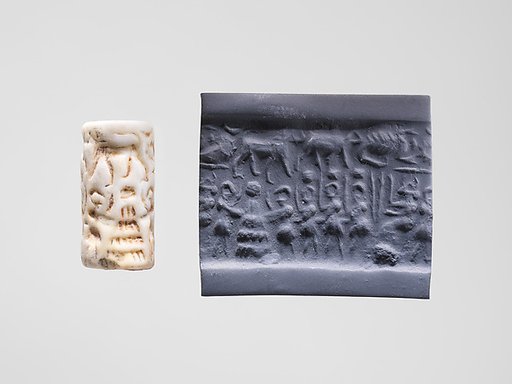 Cylinder seal and modern impression: seated goddess before figures carrying boxes, one placed on "altar"
