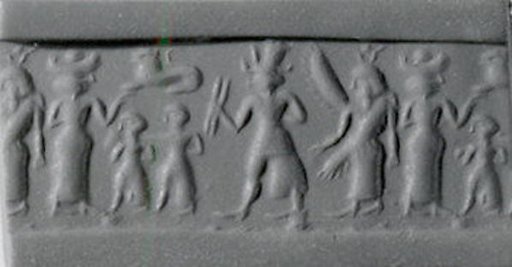 Cylinder seal and modern impression: war goddess flanked by goddesses with Egyptian-style sun-disk headdress and vertical wings