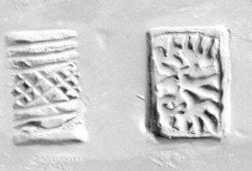 Stamp seal (grooved tabloid) with three-figure contest scene and geometric design