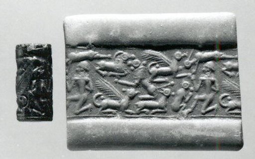 Cylinder seal and modern impression: nude male, griffins, monkey, lion, goat