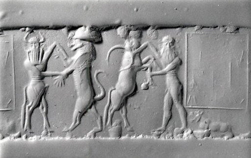 Cylinder seal and modern impression: heroes wrestling rampant animals