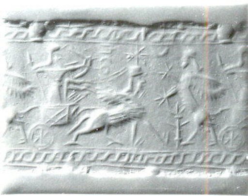 Cylinder seal with chariot hunting scene and Old South Arabian inscription