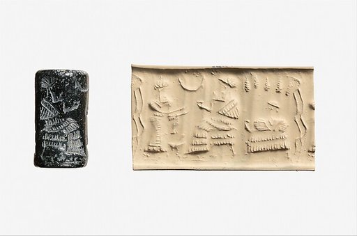 Cylinder seal and modern impression: worshiper before a seated ruler or deity; seated female under a grape arbor