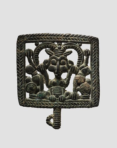 Head of a pin: horned demon holding inverted lions