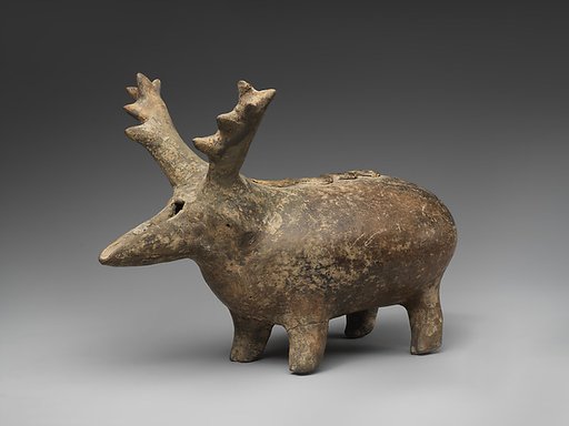Spouted vessel in the shape of a stag