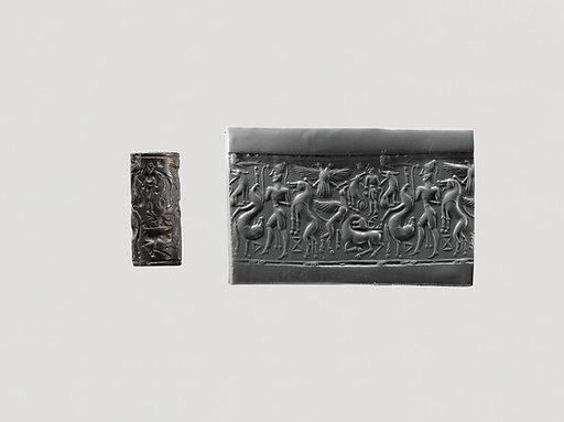 Cylinder seal and modern impression: hunter holding a lion; griffin attacking a stag; Master of Animals; double-headed eagle