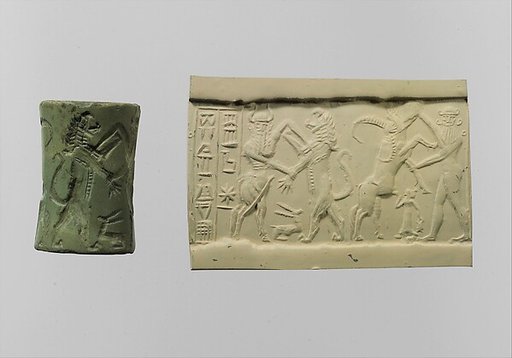 Cylinder seal and modern impression:  bull-man combatting lion; nude hero combatting water buffalo; inscription