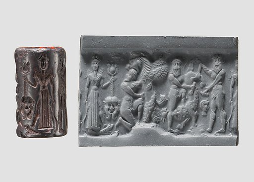 Cylinder seal and modern impression: heroes and animals in combat, head of the monster Humbaba