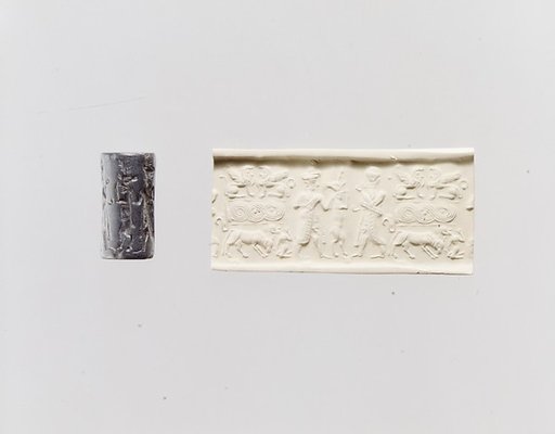 Cylinder seal and modern impression: deity, goat, and worshiper; terminal; sphinxes, guilloche, bull and leaper (?)