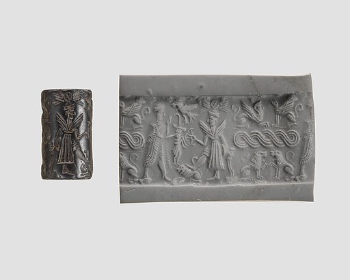 Cylinder seal and modern impression: offering bearer before winged deity; terminal: sphinxes, guilloche, lions
