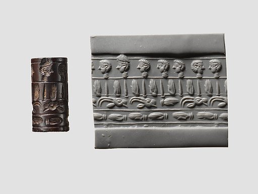 Cylinder seal and modern impression: four registers: hands, human and goat heads