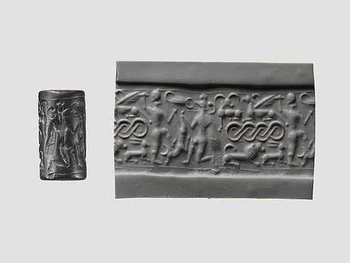 Cylinder seal and modern impression: male and griffin demon slaying animal; terminal: animal attack scenes, guilloche