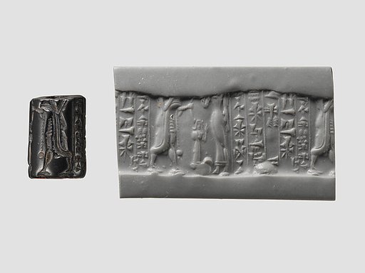 Cylinder seal and modern impression: confronted king and goddess (?), five rows of inscription