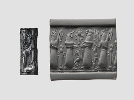 Cylinder seal and modern impression: animal-headed divinities with prey