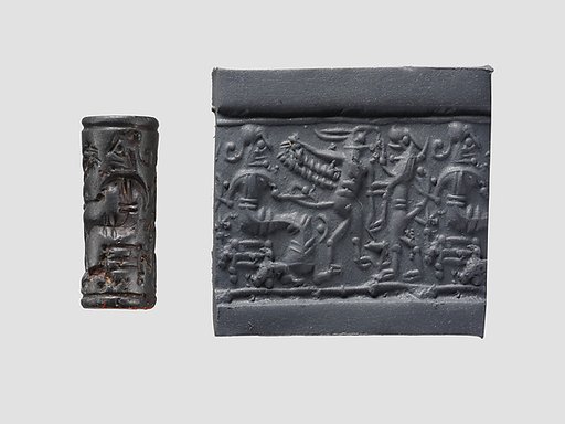Cylinder seal and modern impression: confronted upright lion and griffin before a seated figure