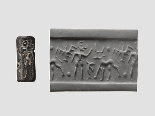 Cylinder seal and modern impression: bird, man, horned animal