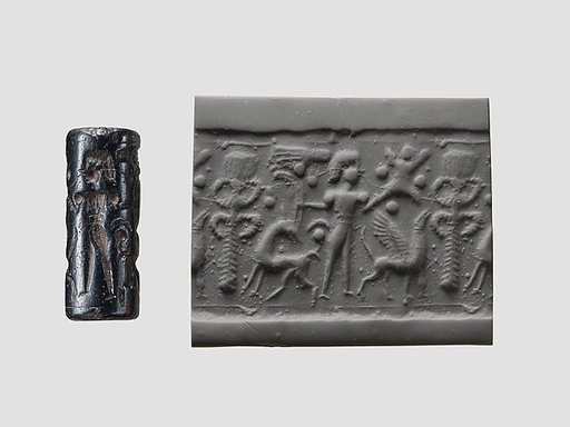 Cylinder seal and modern impression: palmette tree flanked by winged griffin and caprid; figure between them with raised hands; ingot