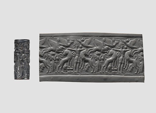 Cylinder seal and modern impression: Master of Animals between lions, griffins, Minoan genius