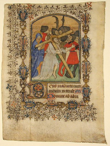 Manuscript Leaf from a Book of Hours Showing an Illuminated Initial D and Christ Bearing the Cross