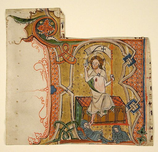 Manuscript Leaf Showing an Illuminated Initial R with The Resurrection
