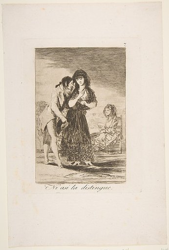 Even thus he cannot make her out (Ni asi la distingue), plate 7 from "Los Caprichos"