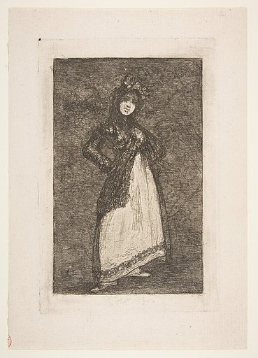 A Maja standing against a dark background with figures