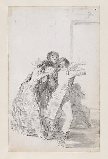 Young woman weeping and covering her face with her hands, accompanied by men; folio 17 (recto) from the Madrid Album "B"