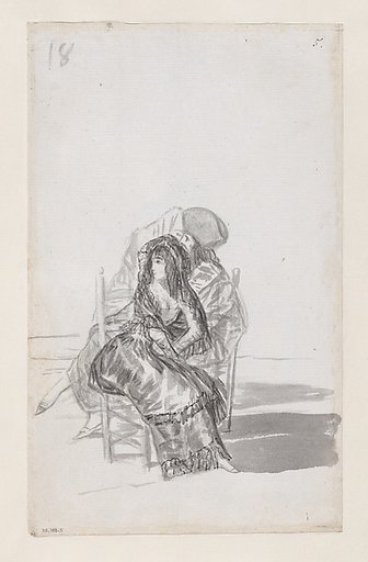 Maja seated on a chair and two companions behind; folio 18 (verso) from the Madrid Album "B"
