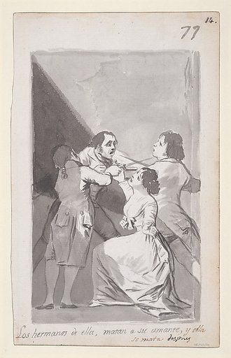 Two brothers killing their sister's lover in her presence; folio 77 (recto) from the Madrid Album "B"