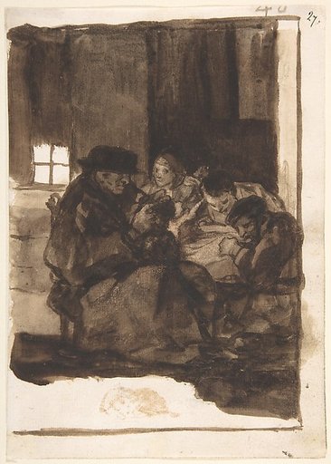 An old man delousing a boy accompanied by three figures, a cat in the foreground; page 40 from the "Images of Spain" Album (F)