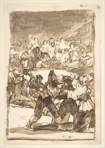 A crowd forming a circle; page 42 from the "Images of Spain" album (F)