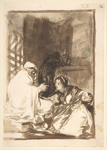 A woman kneeling before an old man; page 55 from the "Images of Spain" Album (F)