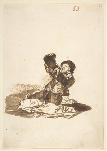 A man on the ground drinking from a wine skin; folio 63 from the "Images of Spain" Album (F)