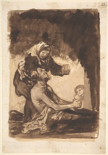 A woman giving a mug to an old man; folio 93 from the "Images of Spain" Album (F)