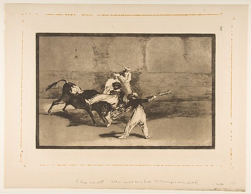 Plate 8 from "Tauromaquia": A moor caught by the bull in the ring