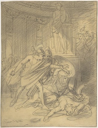 Two Warriors in Classical Costume Bending over Two Figures