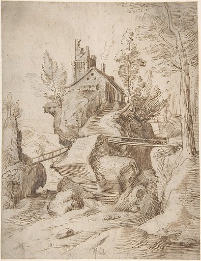 Fantastic Rocky Landscape with a Farmhouse and Three Foot Bridges