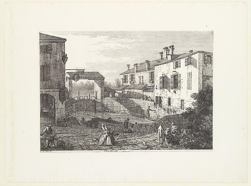 The Locks at Dolo, an oval-shaped basin with boats at center, buildings on either side, a fruit vendor and groups of figures in the foreground, from "Views" (Vedute altre prese da i luoghi altre ideate da Antonio Canal)