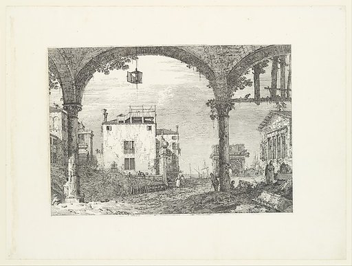 A three-arched portico with an open lantern hanging at center, a triumphal arch and ruins of a classical temple in the background, from "Views" (Vedute altre prese da i luoghi altre ideate da Antonio Canal)