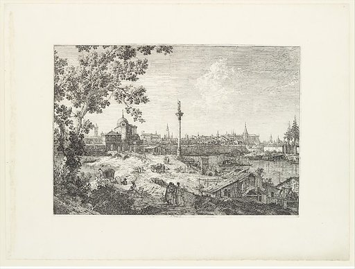 Imaginary View of Padua, with a campanile and domed church at left, a column surmounted by a statue of a saint at center, and a cottage and water-mill at right in the foreground, from "Views" (Vedute altre prese da i luoghi altre ideate da Antonio Canal)