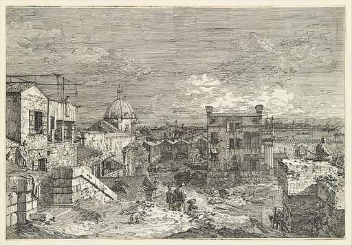 Imaginary View of Venice, houses at left with figures on terraces, a domed church at center in the background, boats and boat-sheds below, and a seated man observing from a wall at right in the foreground, from "Views" (Vedute altre prese da i luoghi altre ideate da Antonio Canal)