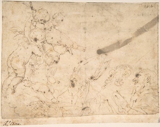 Three Putti Holding Cross Before Two Male Saints