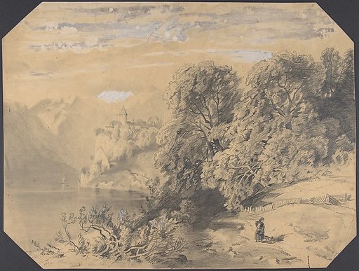 Woman with a dog by a mountain lake