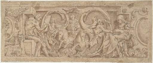 Figures, Horses, and Sphinx Entwined in Foliage and Strapwork