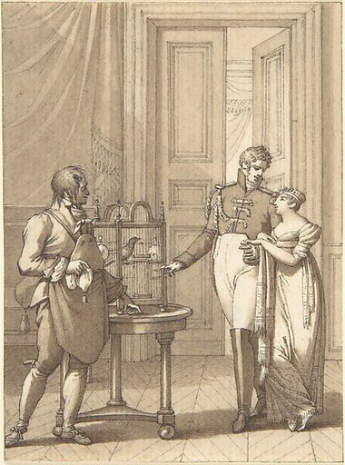 Design for a Book Illustration: an Amorous Couple Beside Birds in a Cage