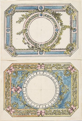 Two Separate Designs for the Top and Bottom of a Rectangular Gold Enameled Box with Canted Corners