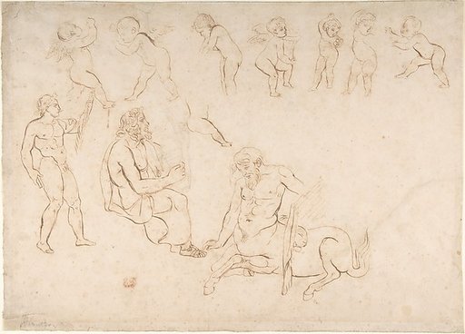 Studies for the decoration of the Library, Palais Bourbon, Paris:  standing nude athlete; seated man with a lyre; centaur; and seven putti (three with wings)